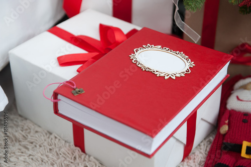 Boxes with gifts, red notepad. Happy new year. Colorful Concept. New Year background. Christmas.