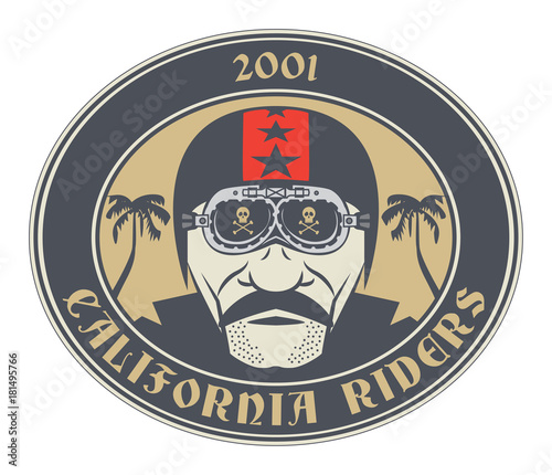Biker face, label or stamp with text California Riders