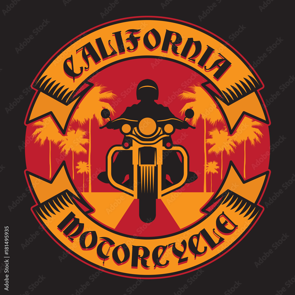Obraz premium Biker riding a motorcycle, label with text California Motorcycle