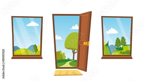 Open Door And Windows Vector. Cartoon Landscape. Front View. Home Interior. Flat Isolated Illustration.