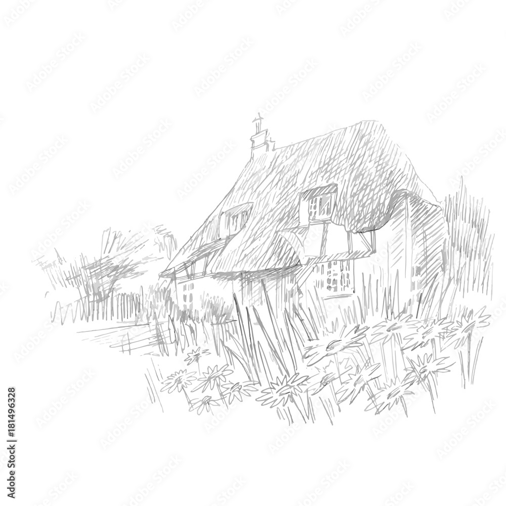 Graphic image of a small English house. Illustration with a house. House in the grass.