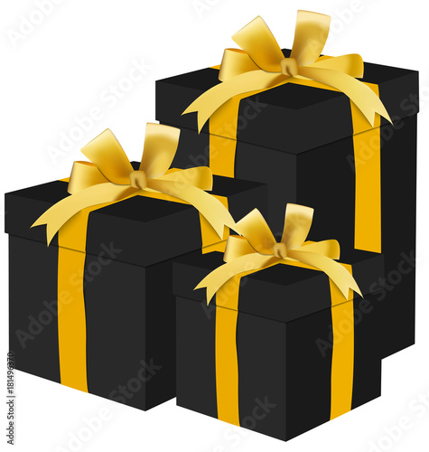 Black gift boxes vector Eps10 with golden ribbon. Isolated black boxes on white background