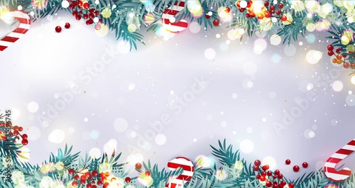 Christmas border or frame with fir branches, berries and candy isolated on snowy background. Vector illustration