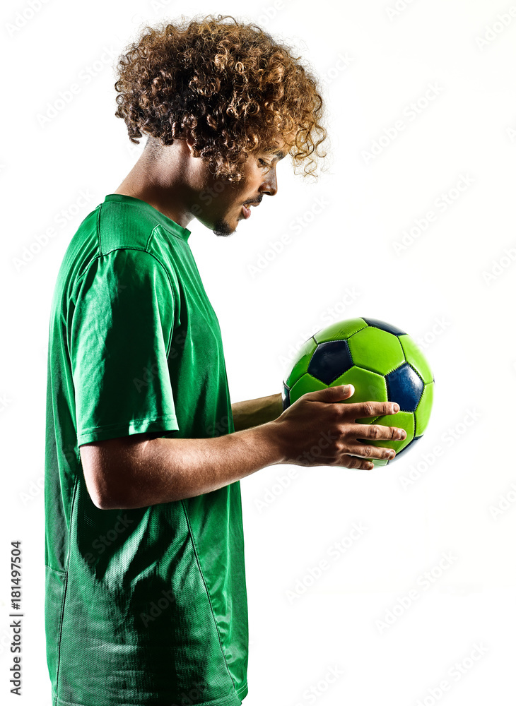 one mixed race young teenager soccer player man playing  in silhouette isolated on white background