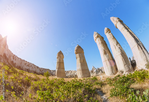 Scenic fisheye landscape pf Love Valley rock columns in Cappadocia, Turkey photo