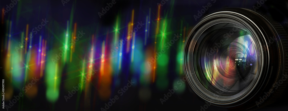 Photo lens with original background with blurred flares of street lights at night - obrazy, fototapety, plakaty 