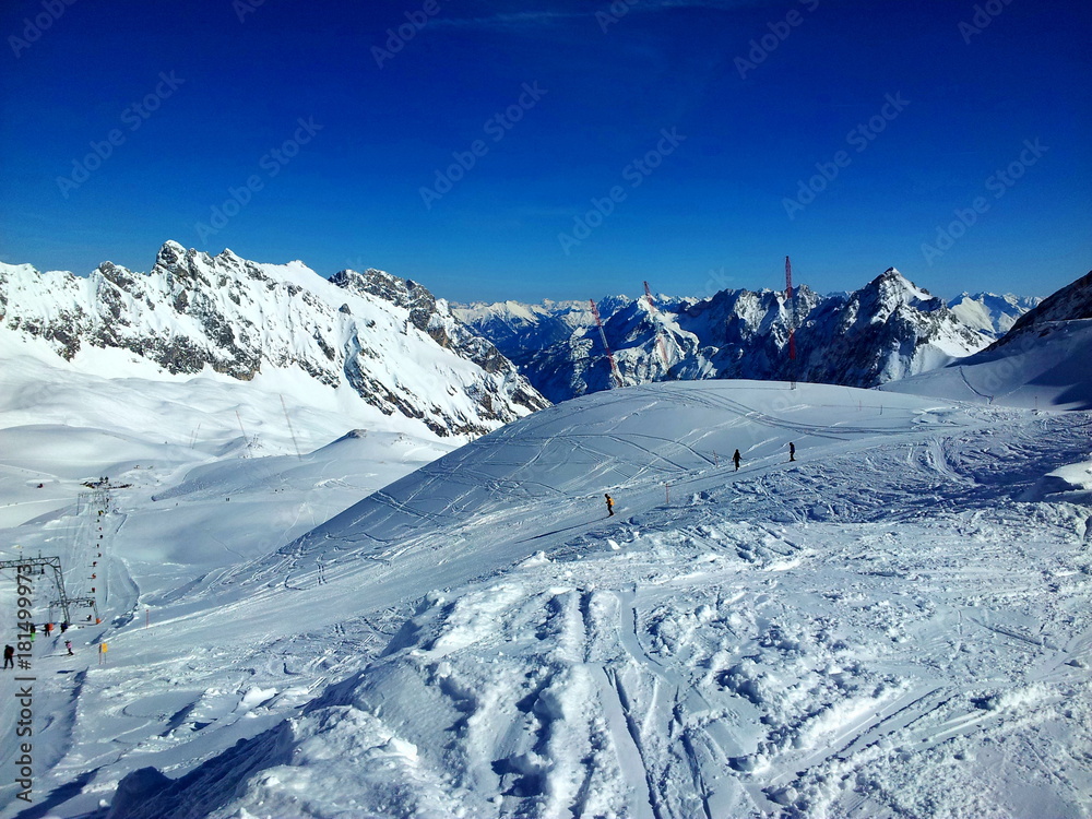 Zugspitze ski and snowboarding area in Alps at winter, Germany