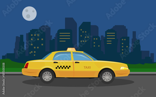 Fototapeta Naklejka Na Ścianę i Meble -  Taxis car  in the night city background. Vector Illustration.