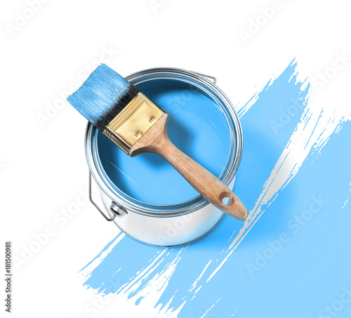 Blue paint tin can with brush on top on a white background with Blue strokes