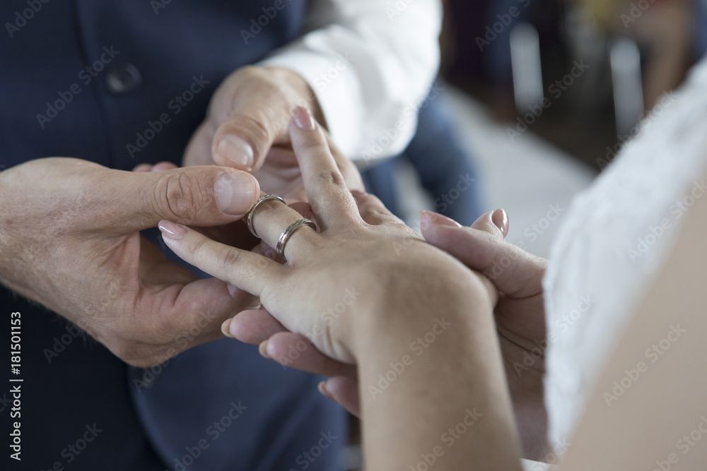 Close up wedding ceremony. Groom Giving Wedding Ring To his bride