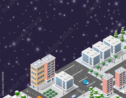 Winter Christmas urban quarter modules for the construction of a large isometric metropolis city perspective