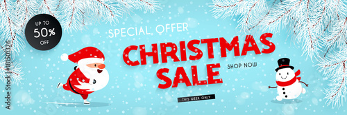 Christmas sale, discounts. Festive advertising banner with fun New Year symbols and symbols. Santa Claus is skating. Snowman is running. Snow, Branches of the Christmas tree. Vector