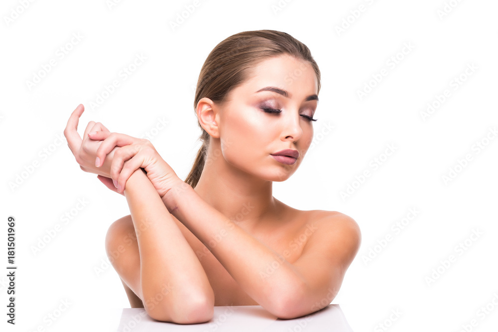 Close up portrait of beautiful young woman face isolated on white background. Portrait of a female model. Close up portrait of beautiful young woman face isolated on white background. Portrait of a female model.