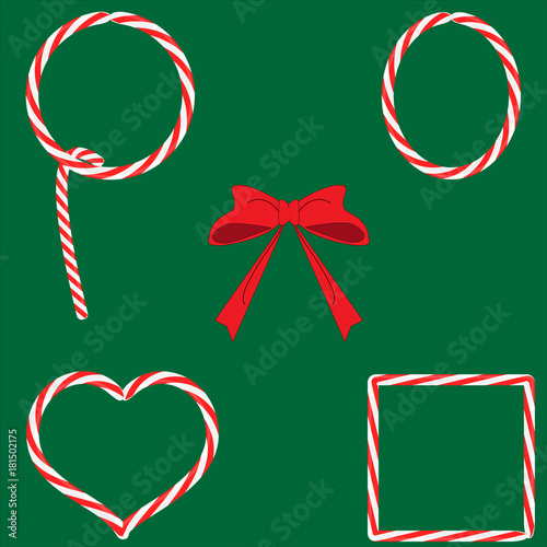 Set of candy caramel lollypops Christmas frames with red bow on green background flat design, vector, eps 10