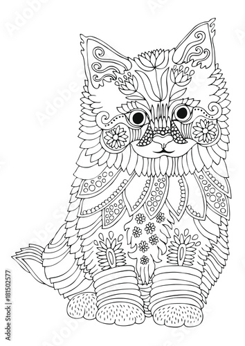 Kitten. Hand drawn picture. Sketch for anti-stress adult coloring book in zen-tangle style. Vector illustration  for coloring page.