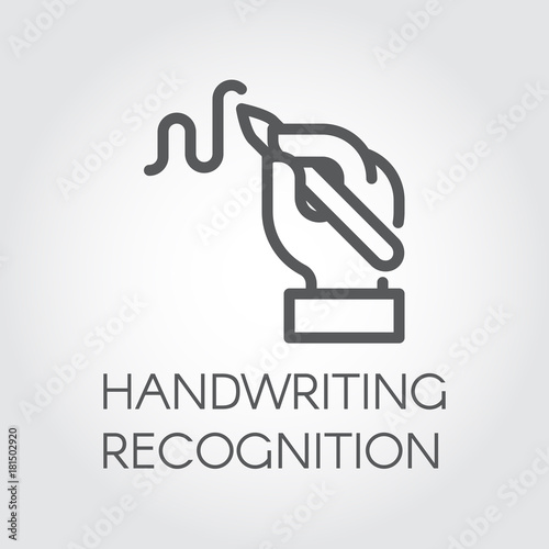 Handwriting recognition line icon. Hand holding pen and writing signature, image drawn in outline style. Conclusion contract or modern authentication technology concept. Graphic linear label