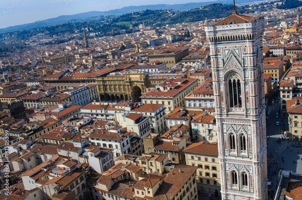 Aerial view of Giotto's Bell Tower in Florence from the top of the Duomo
