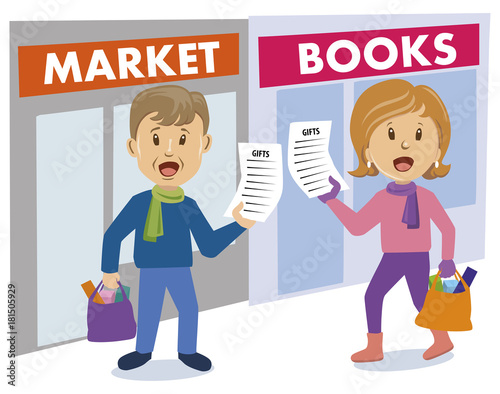 Christmas shopping stress nervous couple man and woman must shopping many christmas gifts