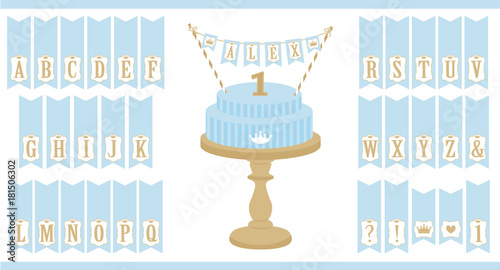 Vector blue cake on wooden table. Set of printable letters cupcake bunting. Mini flags can use for decoration prince party( birthday, baby shower, wedding). Royal Happy first Birthday card. Templates