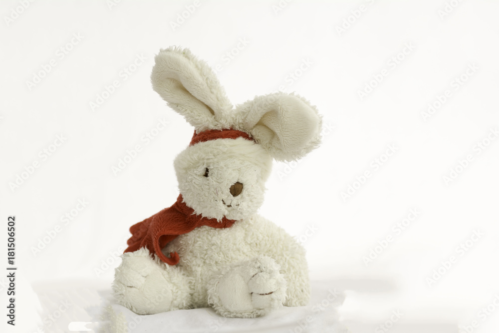 White Rabbit Doll Tie Red Scarf on white background White Rabbit Doll Tie Red Scarf on white background