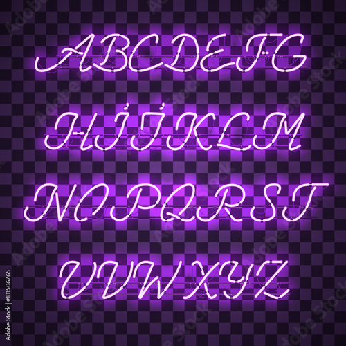 Glowing Purple Neon Script Font with uppercase letters from A to Z with wires, tubes, brackets and holders. Shining and glowing neon effect. Vector illustration.