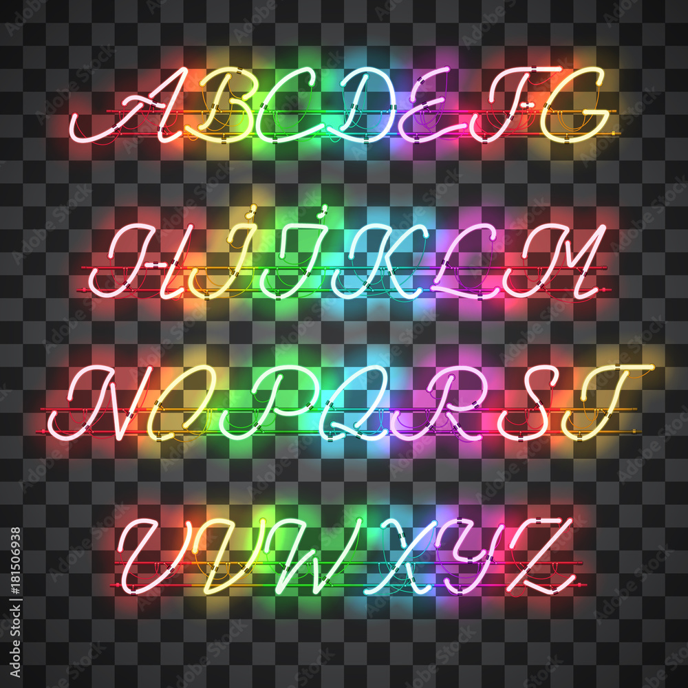 Glowing Multi Colors Neon Script Font with uppercase letters from A to Z with wires, tubes, brackets and holders. Shining and glowing neon effect. Vector illustration.