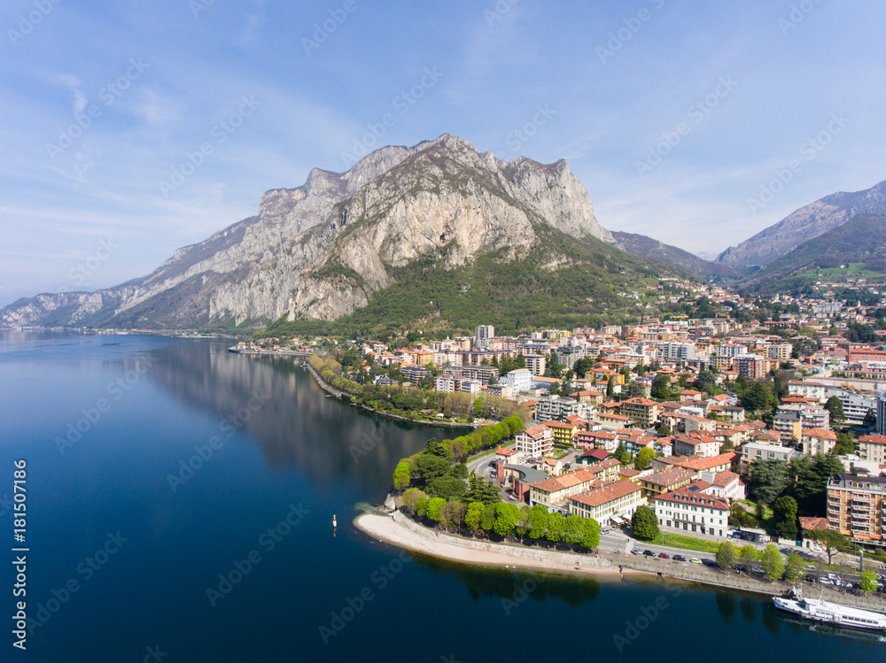 Como lake, panoramic view of Lecco. Aerial photo