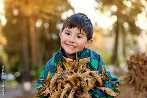 amazing boy 6-8 years old holing a bunch of leaves in the park smiling big time