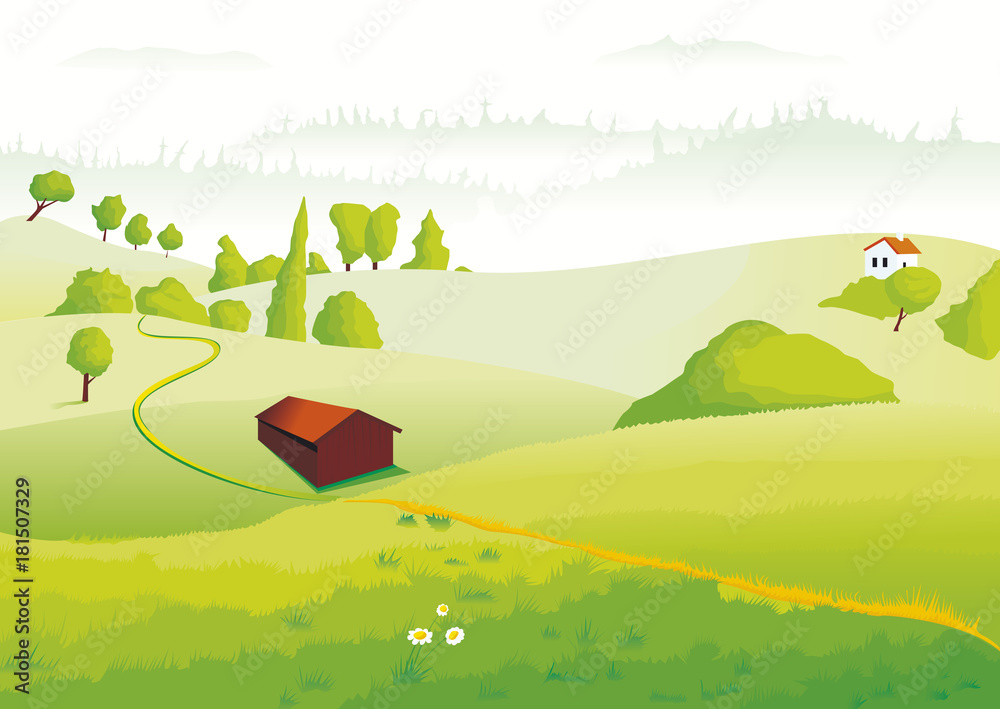 Paysage campagnard de collines et de champs