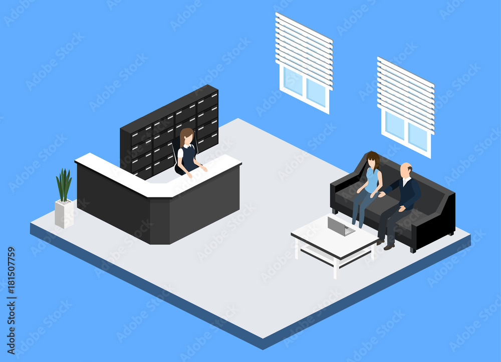 Isometric 3D illustration Interior of department reception with workplaces Isometric 3D illustration Interior of department reception with workplaces