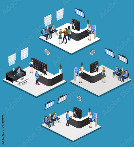 Isometric 3D illustration set Interior of department reception with workplaces