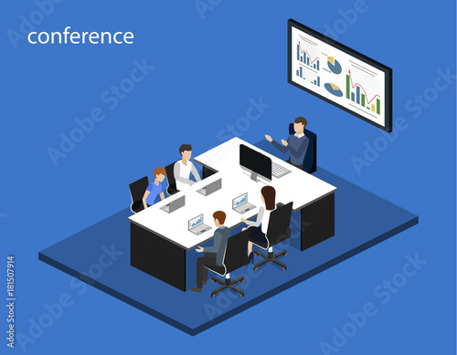 Isometric 3D illustration set Interior of department conference with workplaces