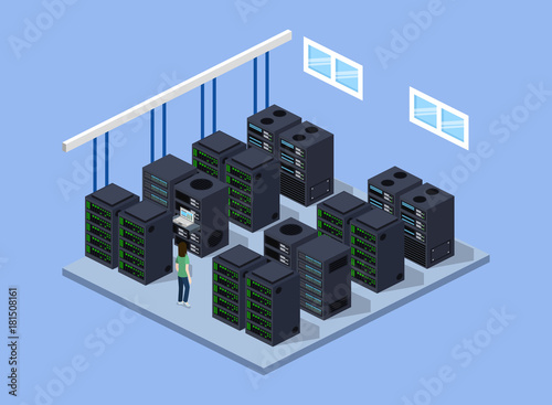 Isometric 3D vector illustration concept server room data center