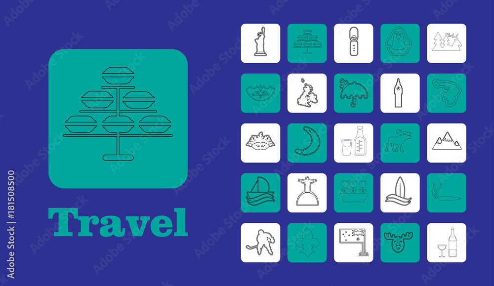 Travel Line Icons for Web and Mobile. Thin line icons. Blue background Travel Line Icons for Web and Mobile. Thin line icons. Blue background