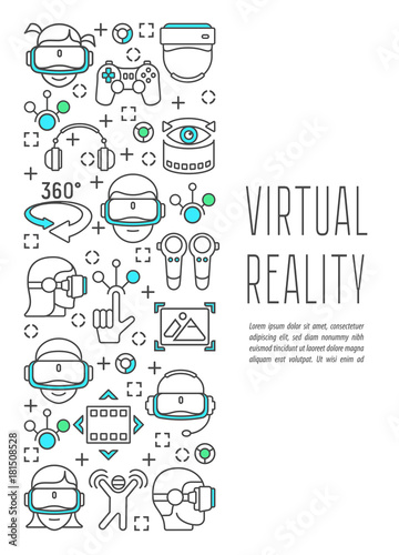 Stylish design banner with virtual reality icon images and text.