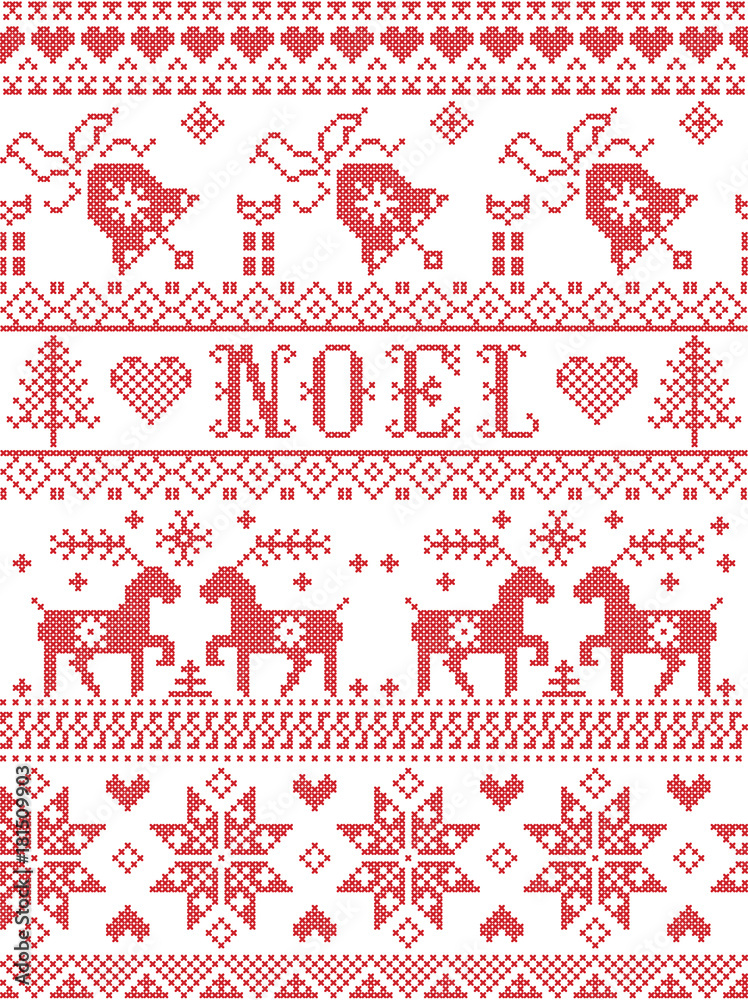 Seamless Noel Scandinavian fabric style, inspired by Norwegian Christmas, festive winter pattern in cross stitch with reindeer, Christmas tree, heart, gifts, decorative ornaments in white, red Seamless Noel Scandinavian fabric style, inspired by Norwegian Christmas, festive winter pattern in cross stitch with reindeer, Christmas tree, heart, gifts, decorative ornaments in white, red