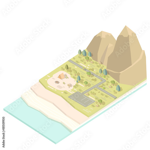 Isometric landscape with road and mountains