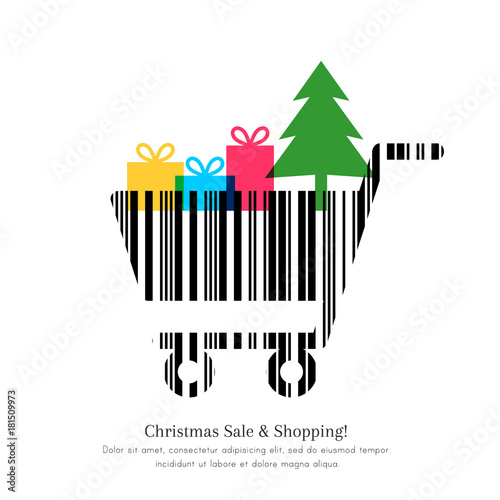 Christmas sale and shopping concept. Abstract shopping cart made of barcode with gifts and tree.