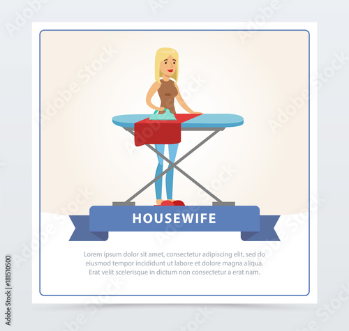 Young  beautiful woman ironing clothes on an ironing board, housewife banner flat vector element for website or mobile app