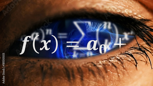 Zoom into eye iris to math equations mess and formulas flying and disappearing in distance. Science and mathematical research and development concept.