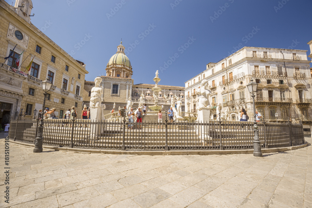 Square of the Pretoria Fountain in the center of Palermo, Sicily.