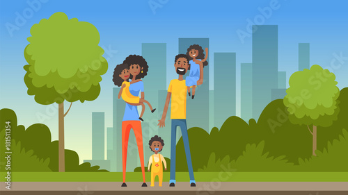 Happy african family with many children on city background, flat vector illustration