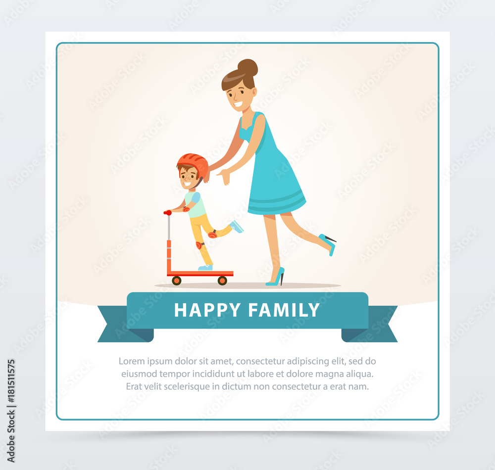 Happy boy riding scooter with his mother, happy family banner flat vector element for website or mobile app