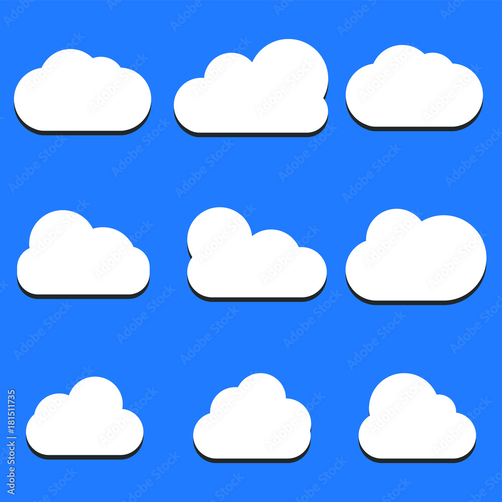 Set of Cloud Icons in trendy flat style isolated on blue background. Cloud symbol for your web site design, logo, app, UI. Vector illustration, EPS10. Set of Cloud Icons in trendy flat style isolated on blue background. Cloud symbol for your web site design, logo, app, UI. Vector illustration, EPS10.