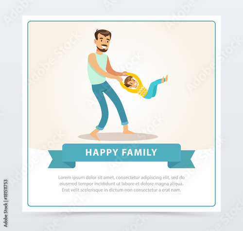 Father rotating his son, dad and son having fun together, happy family banner flat vector element for website or mobile app