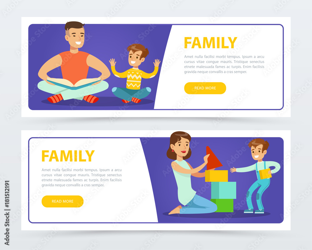 Family banners set, happy parents playing and reading books with their children flat vector element for website or mobile app Family banners set, happy parents playing and reading books with their children flat vector element for website or mobile app