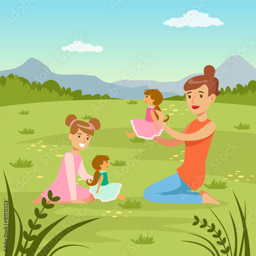 Mother and her daughter playing dolls on  nature background, family leisure flat vector illustration