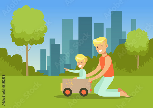 Father and his son playing with toy car in city park outside  family leisure vector illustration