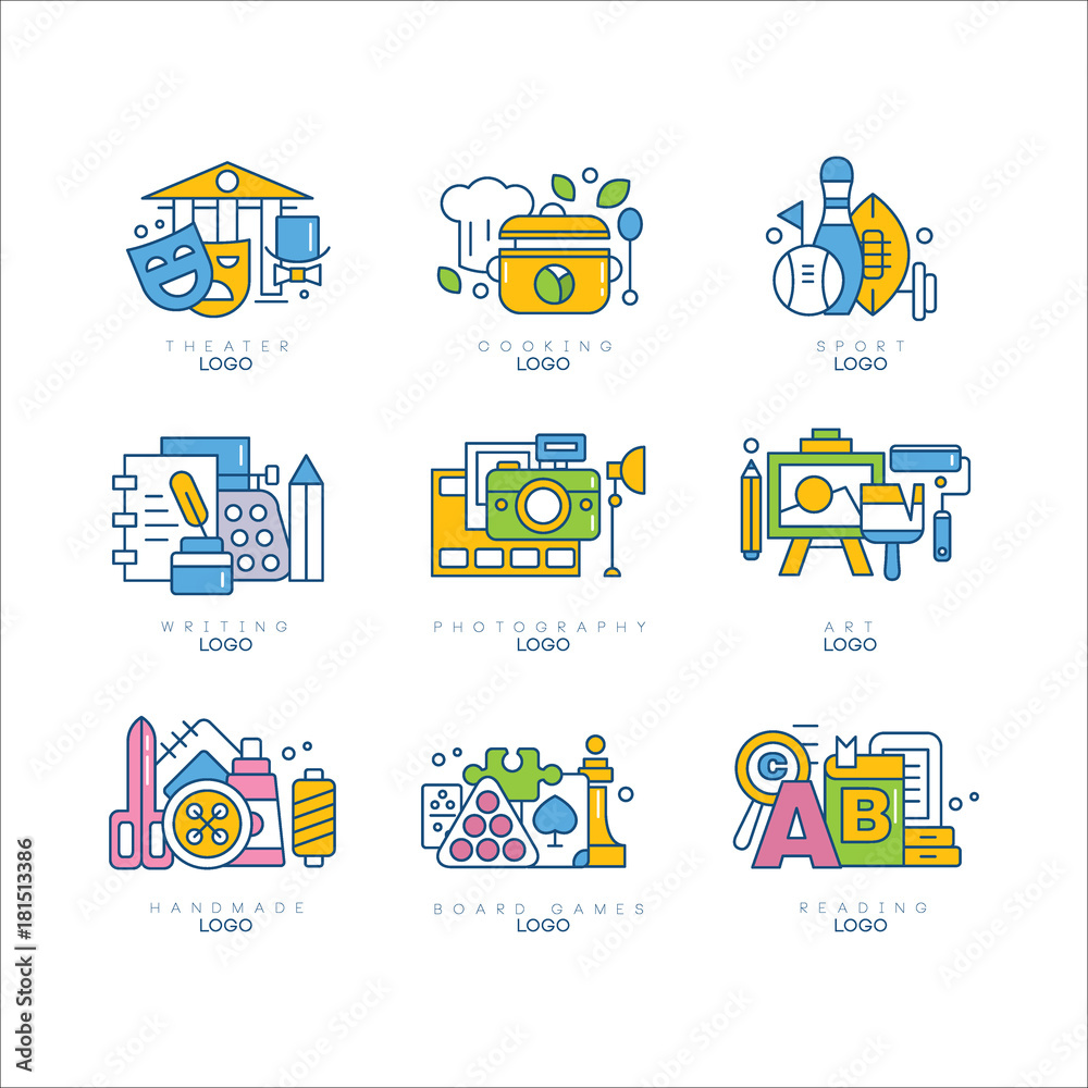 Logo set, theatre, cooking, sport, writing, photography, art, handmade, board game, reading labels, creativity, science and art vector illustrations