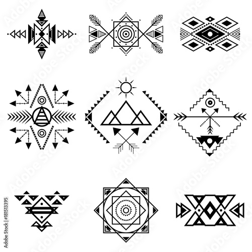 Aztec Style Ornament Black Thin Line Icon Set. Vector